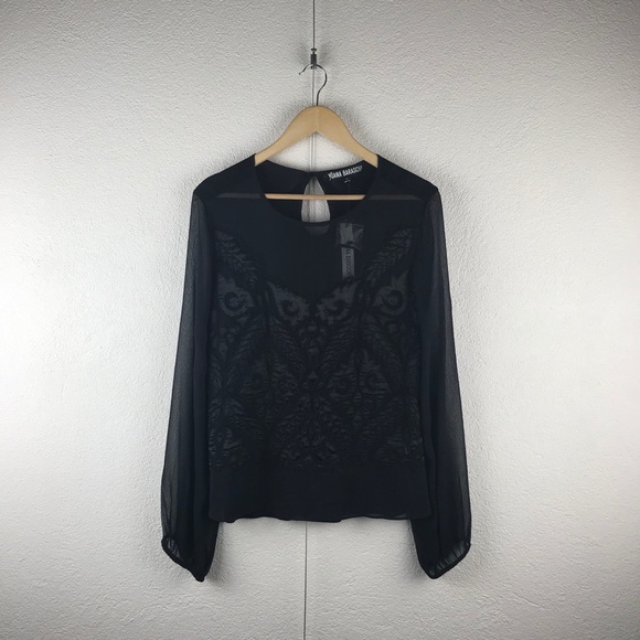 Yoana Baraschi l S Black Long Sheer Silk Chiffon Sleeves Quilted Beaded Blouse